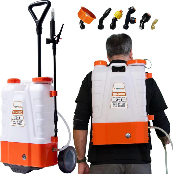 Backpack Sprayer with Cart - Wheeled Cart Sprayer - HD Wand, Wide Mouth Lid, Multiple Nozzles & B